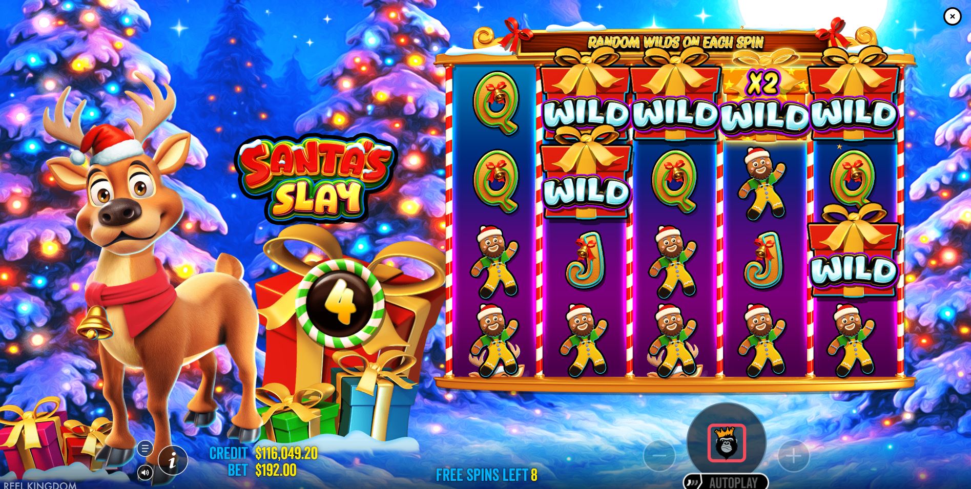A big win screen in Santa's Slay, showcasing a grid filled with sticky wilds, including x2 and x3 multipliers contributing to a large payout.