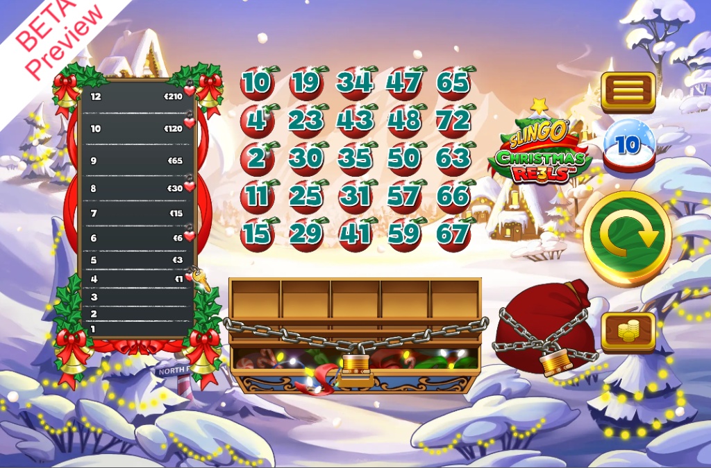 The main 5x5 bingo grid for the Slingo Christmas RE3LS slot, showing the pay ladder and bottom reel.