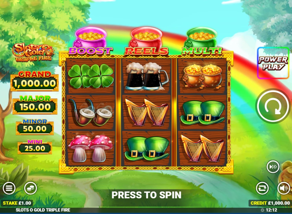 The 3x3 reel layout of the Slots O' Gold Triple Fire demo, showing the three bonus pots and jackpot values.