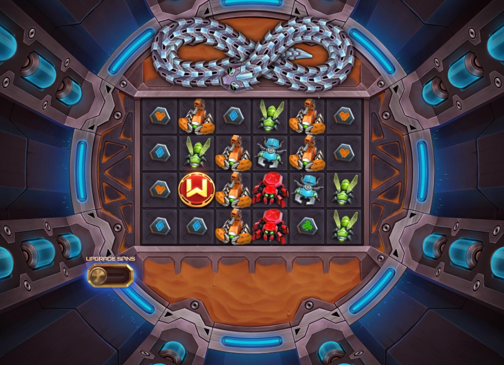 The 5x5 grid of the Snake Arena 2 slot, showcasing the sci-fi theme and robotic symbols during base gameplay.