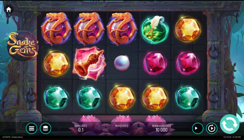 The main 5x3 reel layout of the Snake Gems slot game by Altente, showing the jungle temple background.