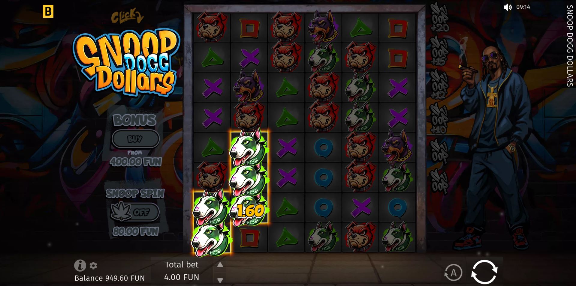 A winning cluster of green and white dog symbols on the Snoop Dogg Dollars slot grid, glowing to indicate the start of a cascade and marking the positions for potential multipliers.