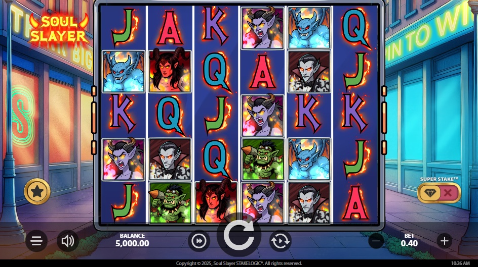 The main 5x4 game grid of the Soul Slayer slot, showcasing the comic-book style demon and card symbols in an urban street setting.