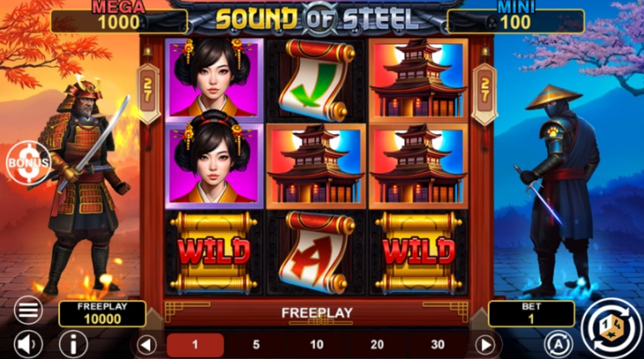 The main 3x3 game grid of the Sound of Steel slot, showing Samurai and Ninja characters on the reels.