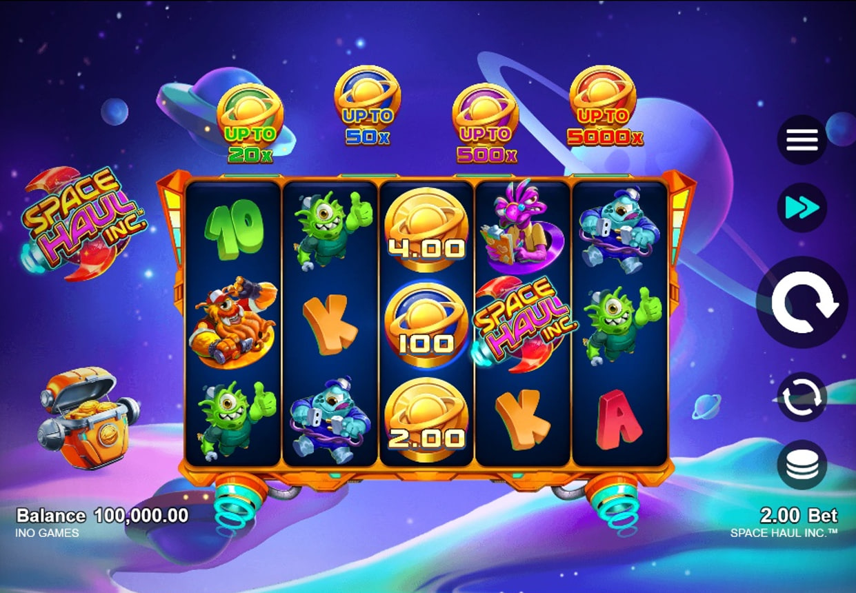 The main 5x3 reel layout of the Space Haul Inc. slot, showing the alien character symbols and the coin chest.