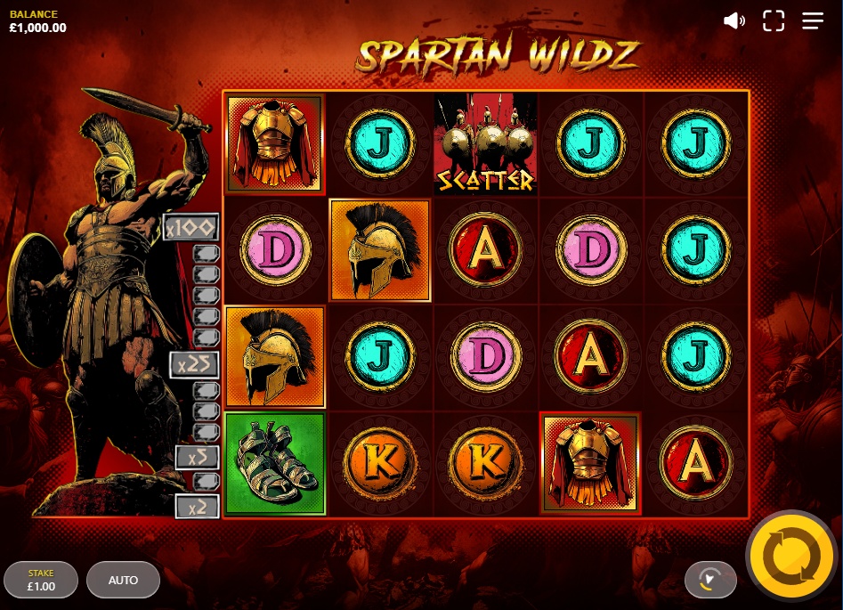The base game screen of the Spartan Wildz slot, showing the 5x4 reel layout and Spartan warrior theme.