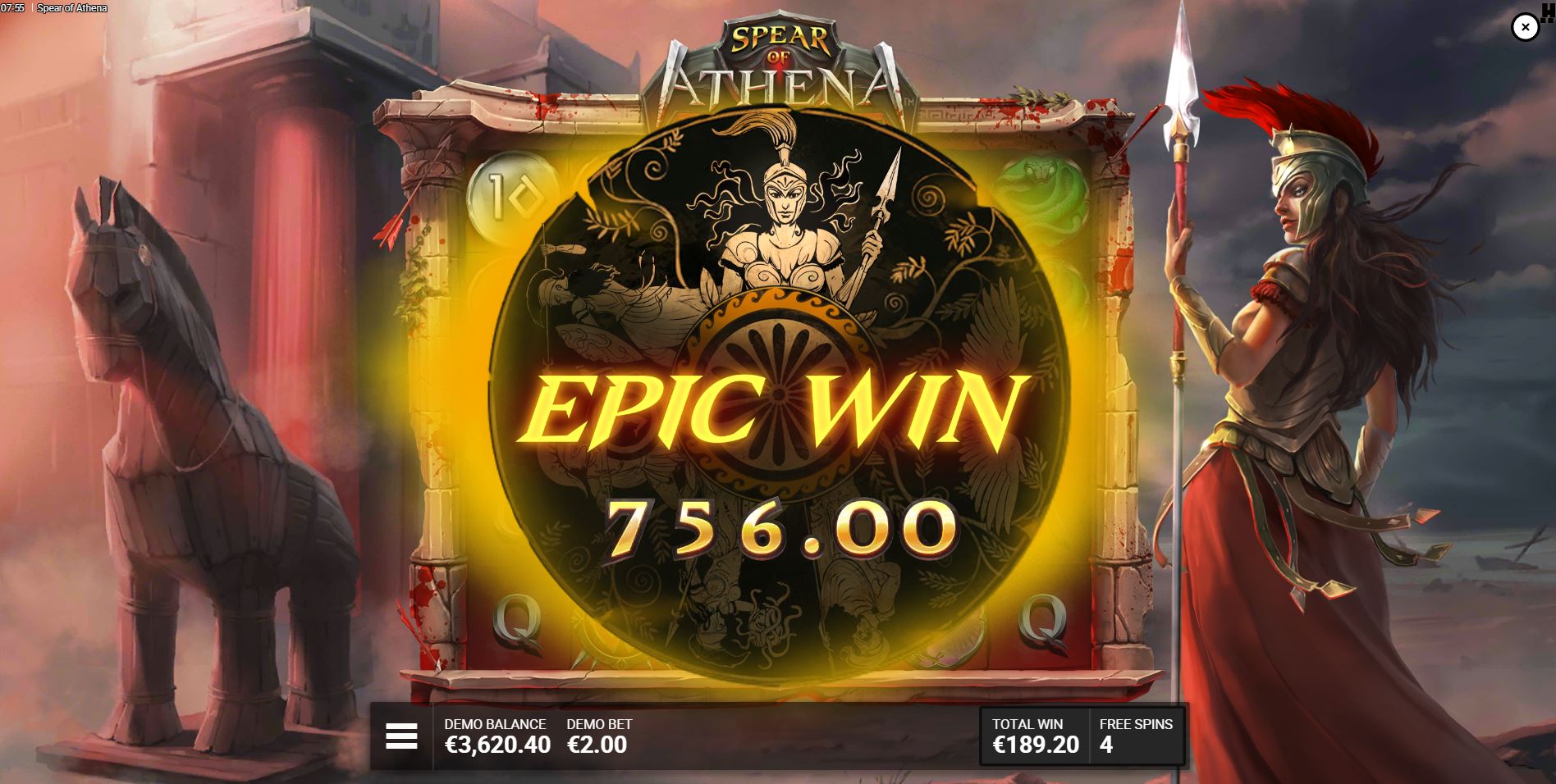 A significant win during the free spins feature of Spear of Athena, with most of the grid covered in sticky Flaming Frames.