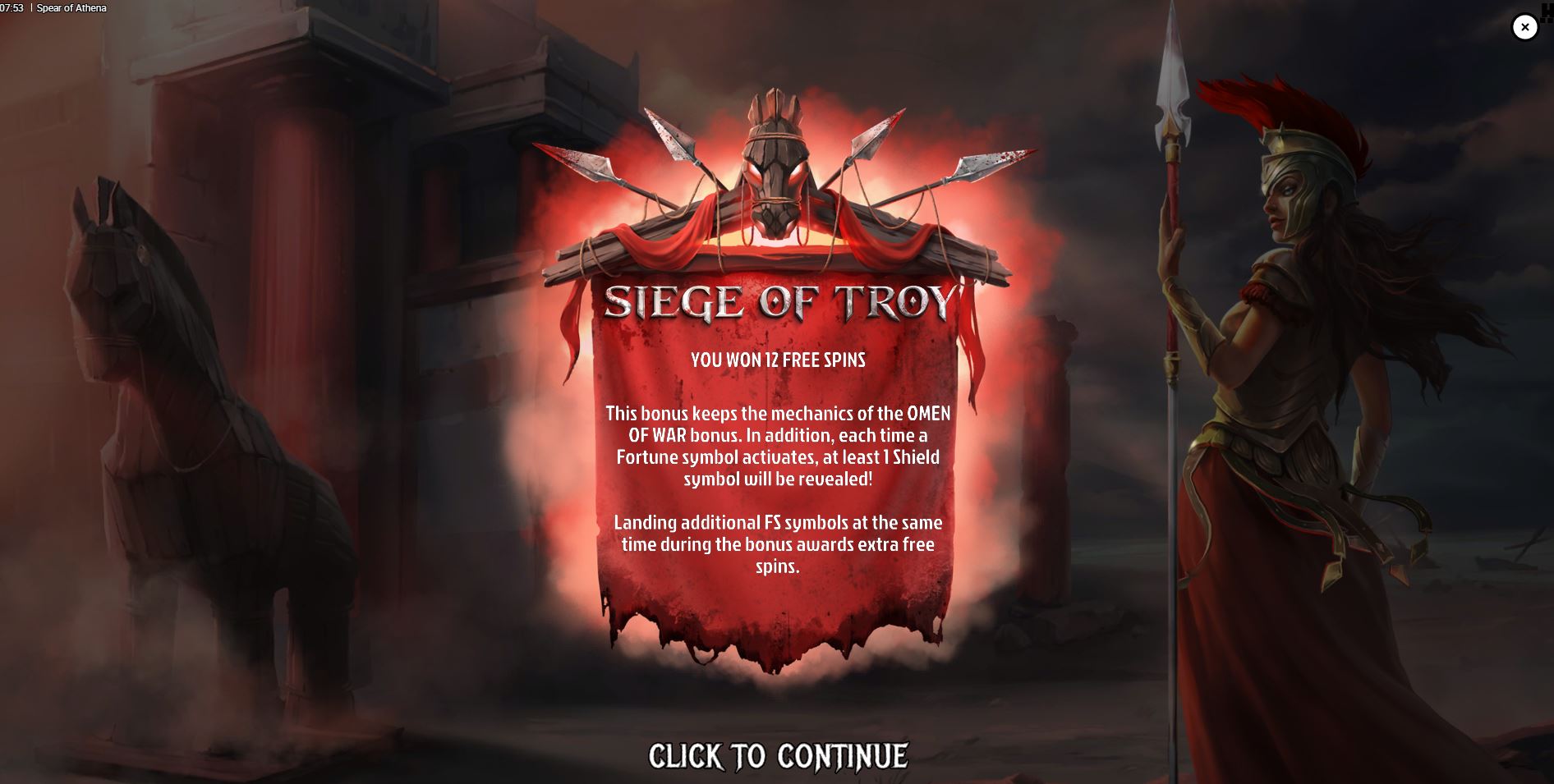 The trigger screen for the Siege of Troy free spins bonus round in Spear of Athena, awarded for landing four scatter symbols.