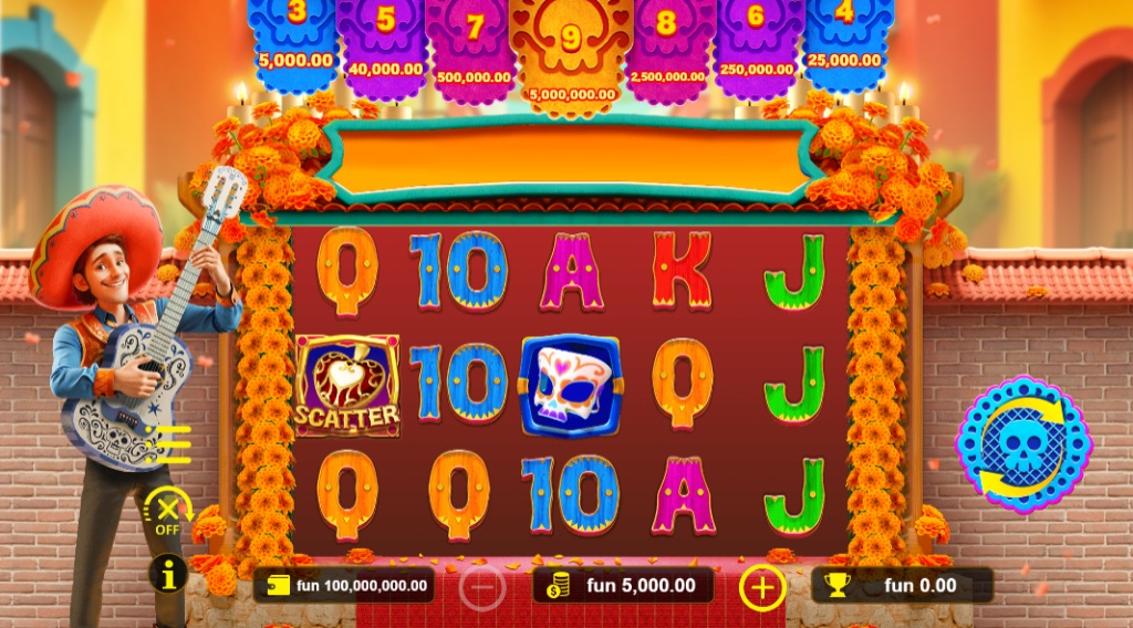The main game screen of the Spirits Fiesta slot, showing the 5x3 reels and the festive musician character.