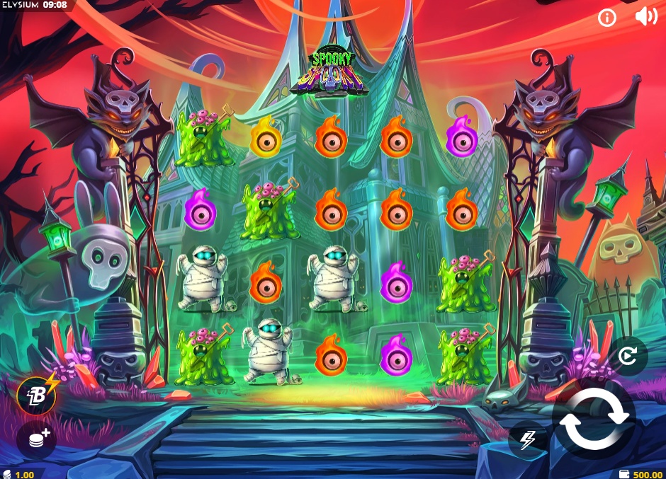 The main game grid of the Spooky Spooky slot, showing the cartoon monster symbols against the haunted house backdrop.