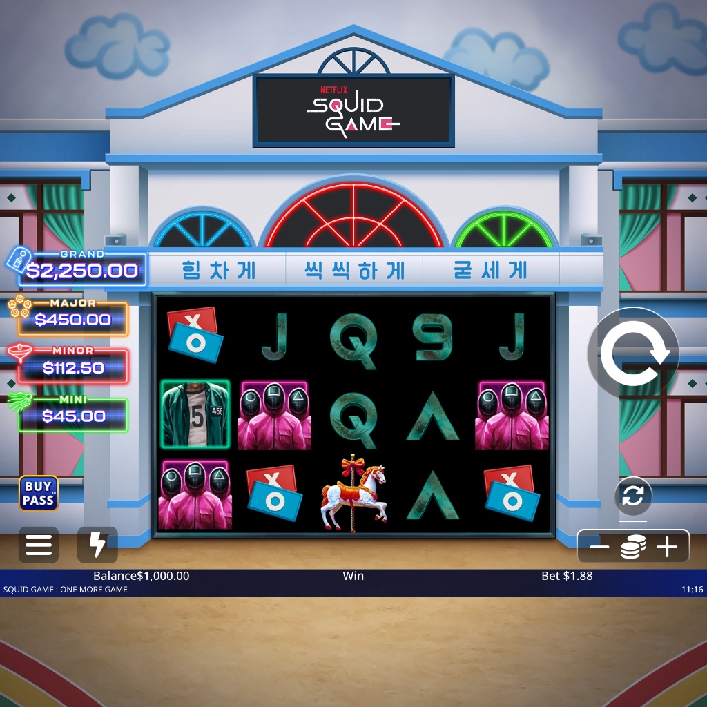 The main 5x3 reel layout of the Squid Game One More Game slot, showing character symbols and jackpot values.