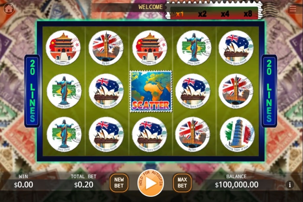 The 5x3 reel layout of the Stamp World slot by KA Gaming, showcasing the landmark-themed symbols during base gameplay.