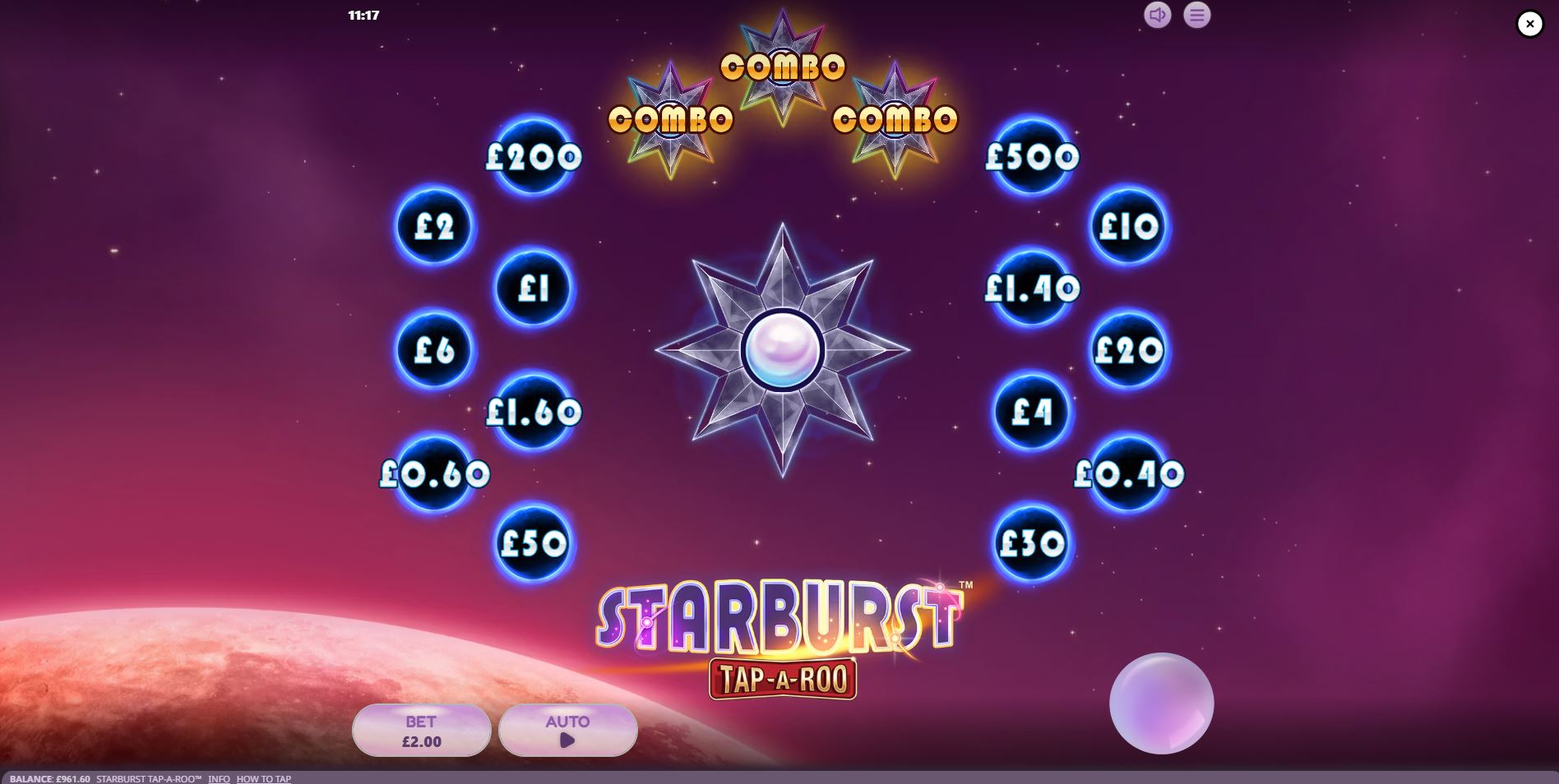 The main game screen of Starburst Tap-A-Roo showcasing the prize sectors and central star before a tap.
