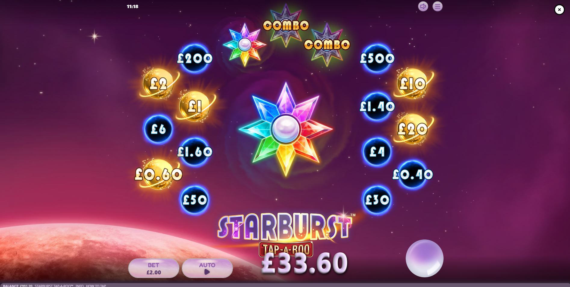 A successful tap resulting in a cash prize win in the Starburst Tap-A-Roo demo game.