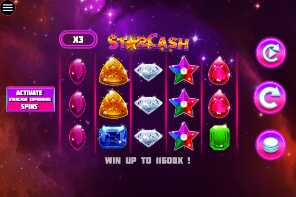 The base game screen of the StarCash slot, showing the 5x3 reel layout against a cosmic nebula background.