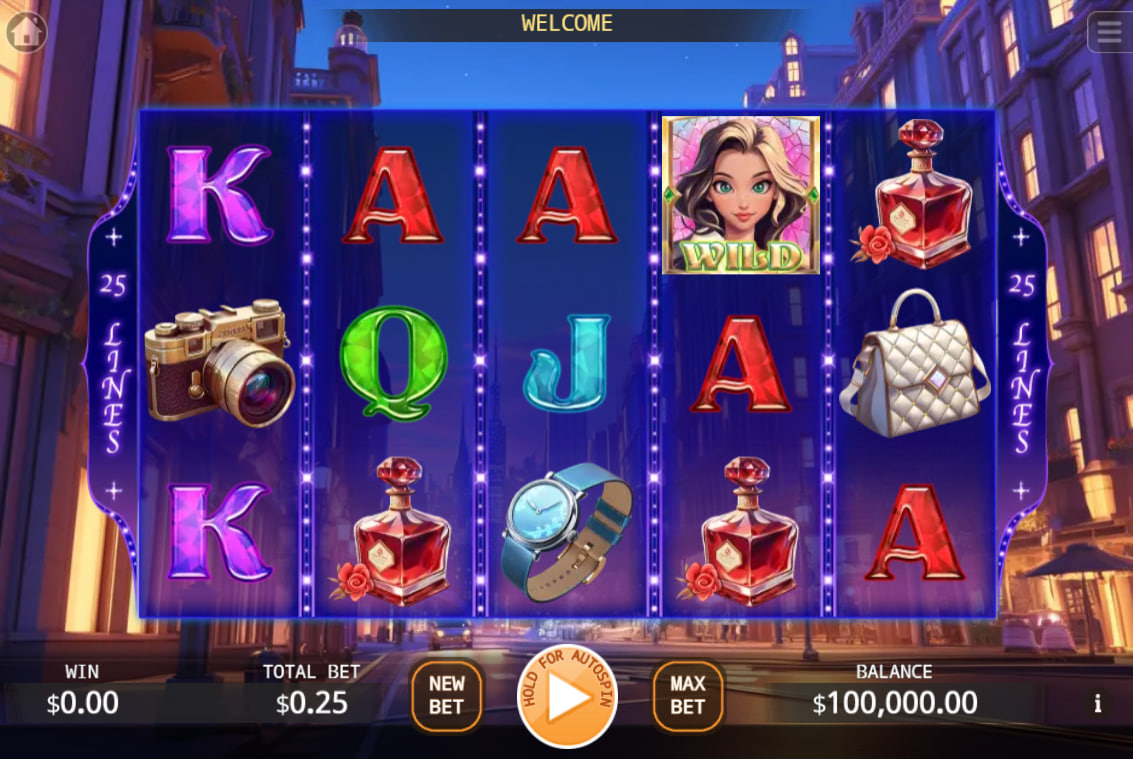 Screenshot of the Stardom Rush slot game interface, showing the 5x3 reels against a stylish nighttime city street backdrop.