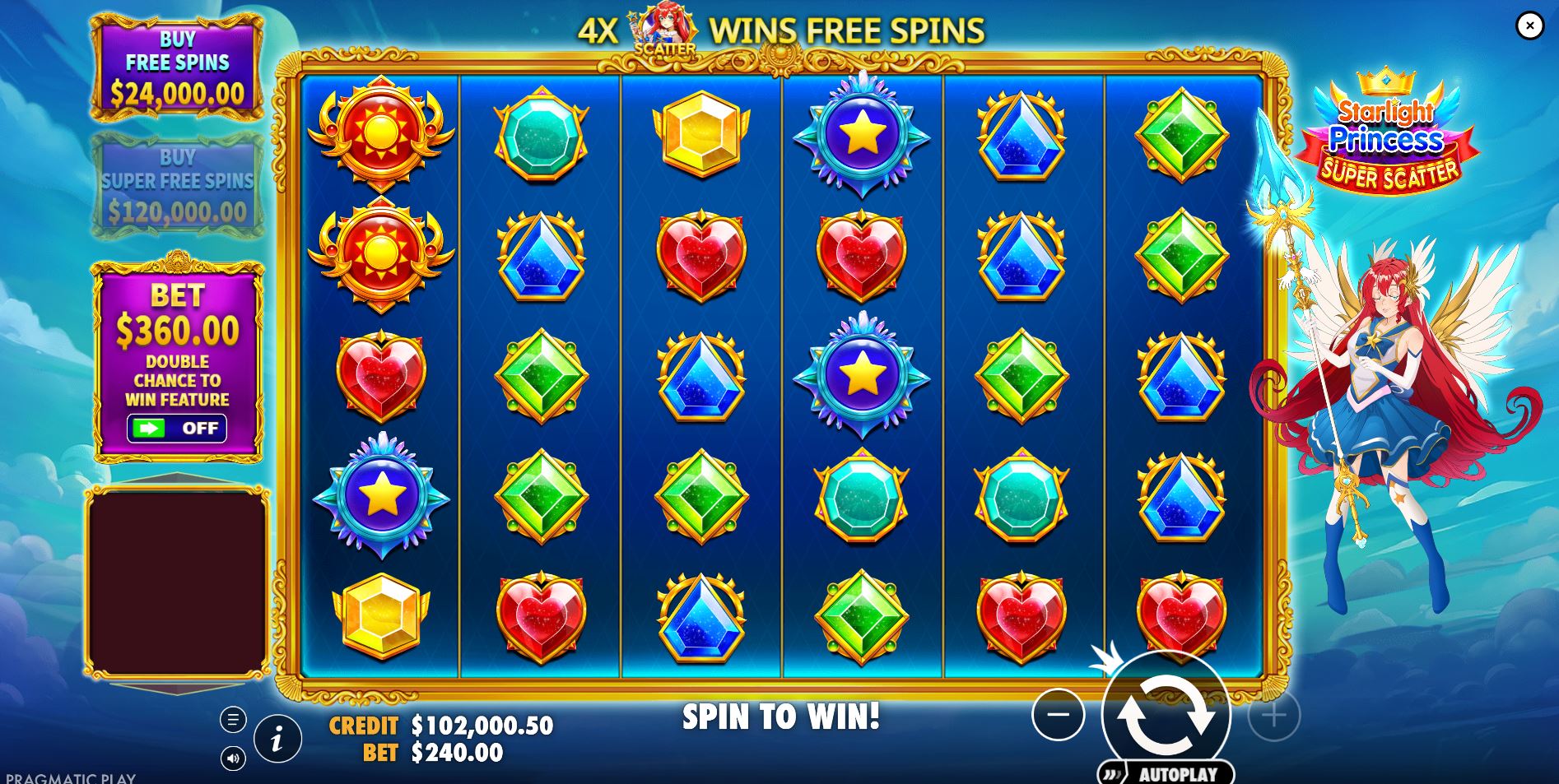 The main 6x5 game grid of Starlight Princess Super Scatter, showcasing the anime-style symbols and celestial background.