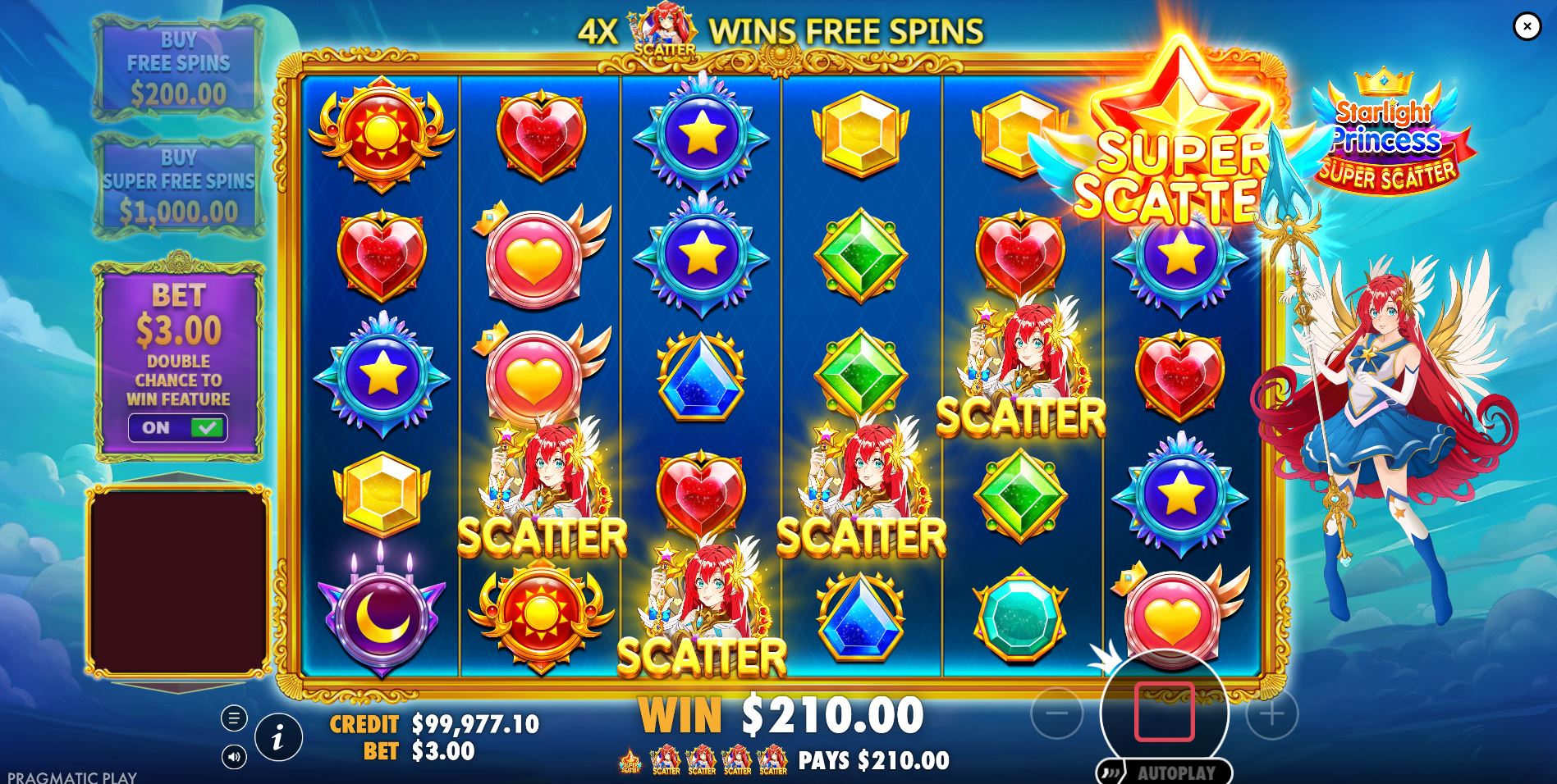 Triggering the Super Free Spins feature in Starlight Princess Super Scatter with two Super Scatter symbols for an instant 500x win.