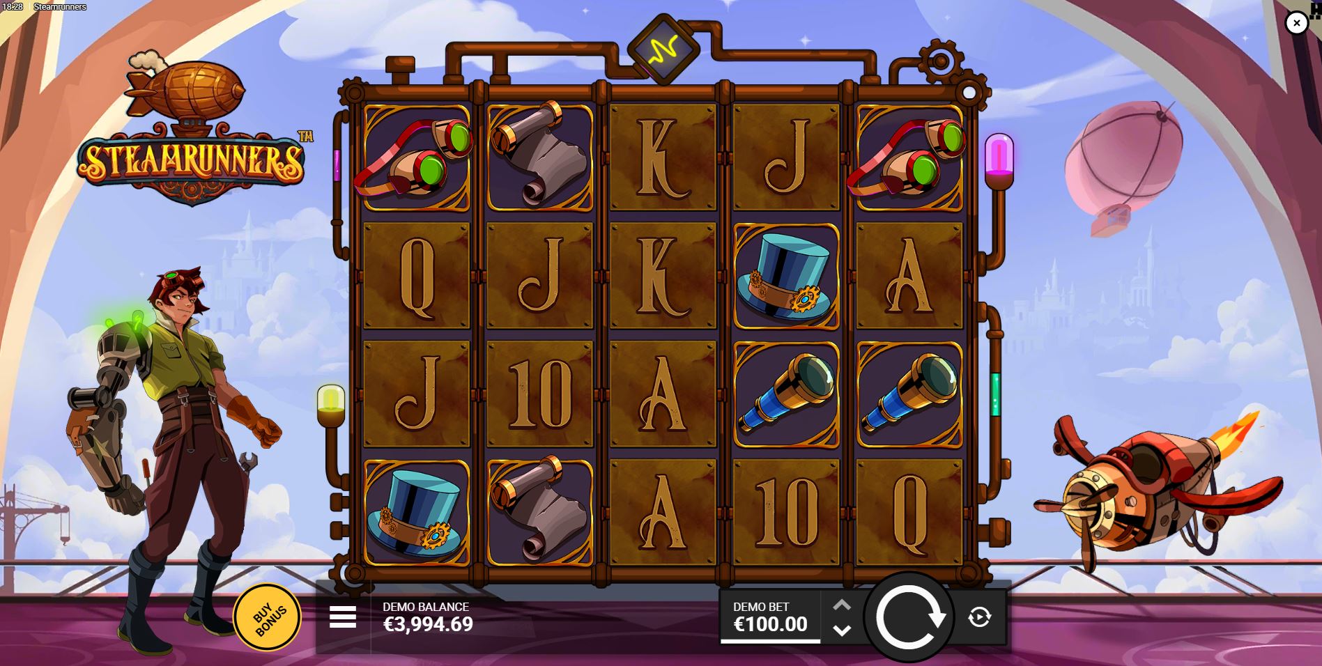 The base game grid of the Steamrunners slot, showing the 5x4 layout with steampunk-themed symbols and characters on either side.