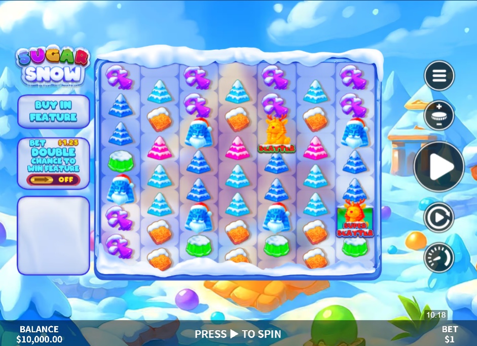 The 7x7 grid of the Sugar Snow slot, showcasing the candy-themed symbols and wintery backdrop in the base game.