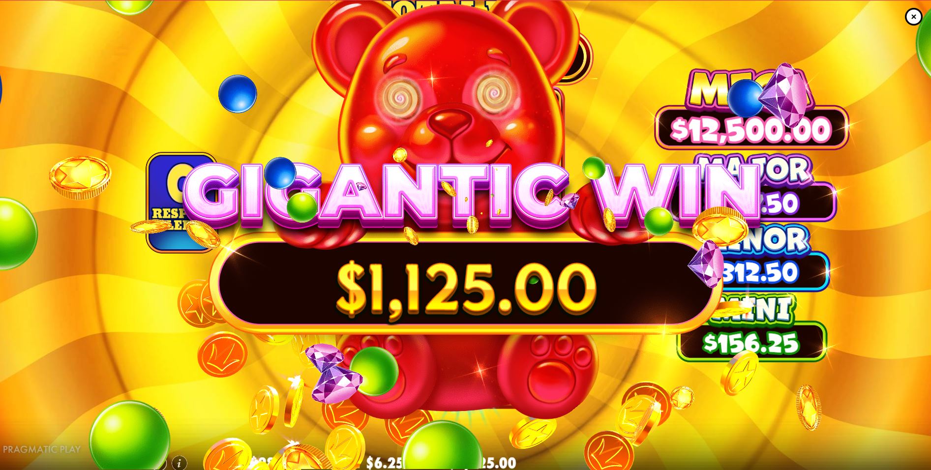 A big win screen celebrating a large payout in the Super Gummy Strike online slot.