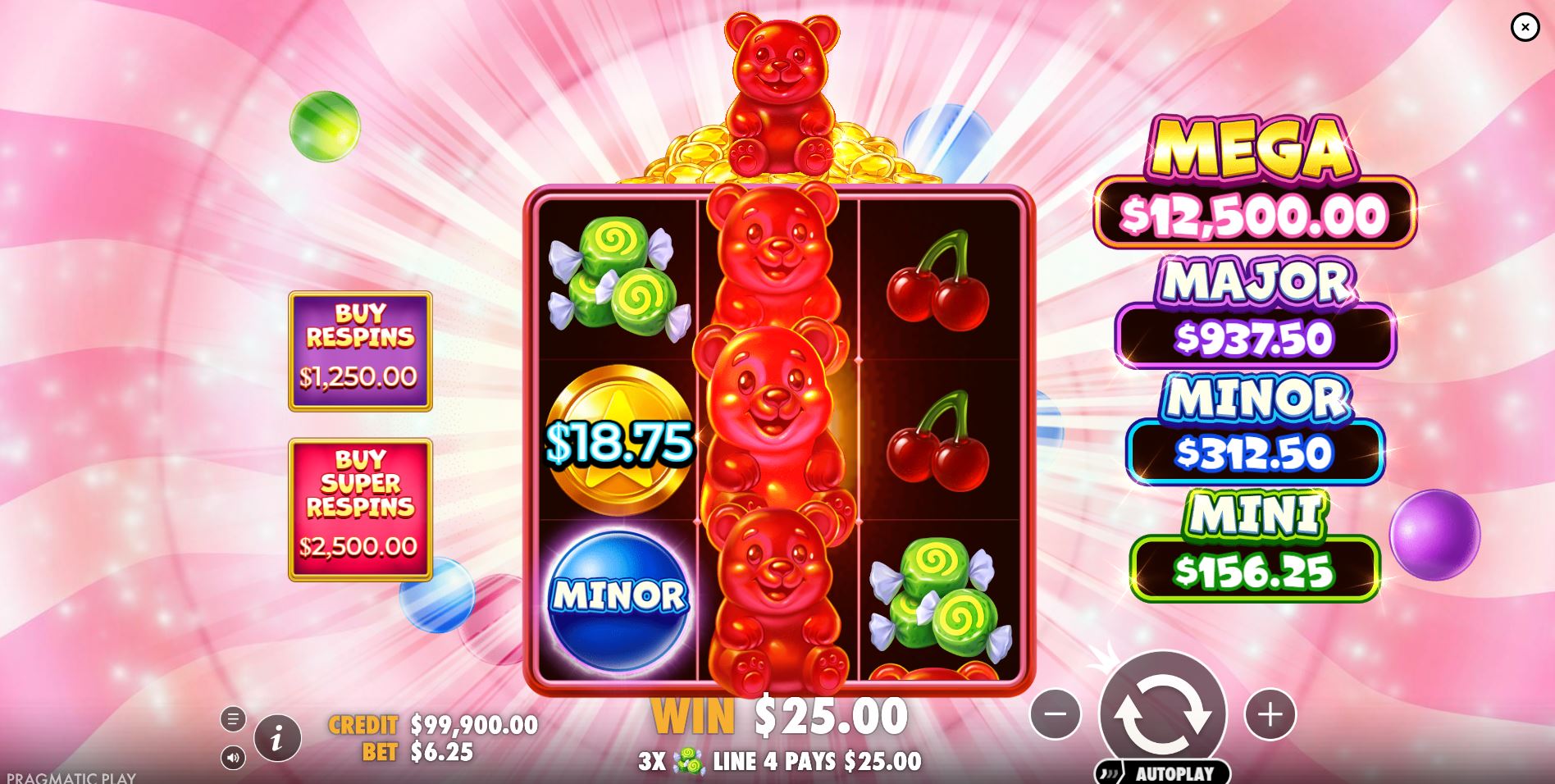 A winning payline in the Super Gummy Strike slot featuring the Gummy Bear Wild symbol substituting for another symbol.