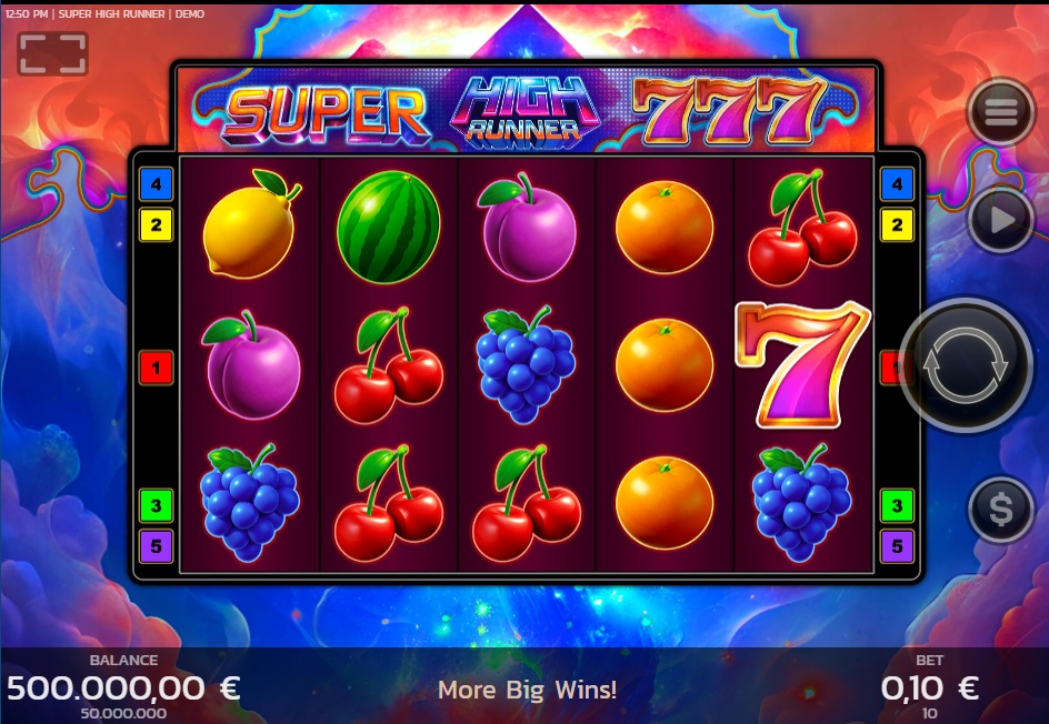 The main 5x3 game grid of the Super High Runner slot, showcasing the classic fruit symbols and the game's cosmic-themed background.