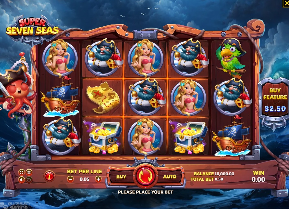 The main 5x3 game screen of the Super Seven Seas slot, showing pirate-themed symbols against a stormy ocean backdrop.