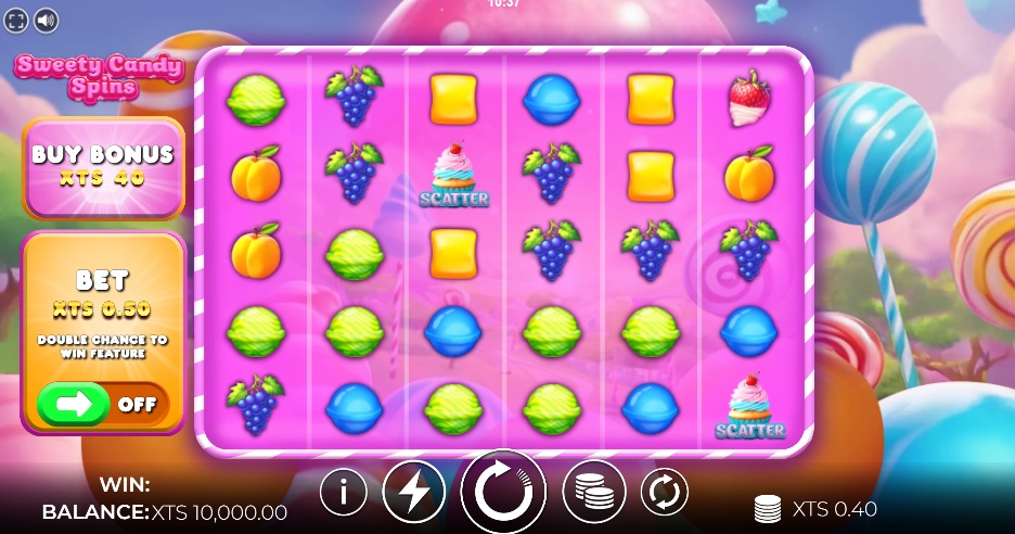 The 6x5 game grid of Sweety Candy Spins, showcasing the candy and fruit symbols in the base game.