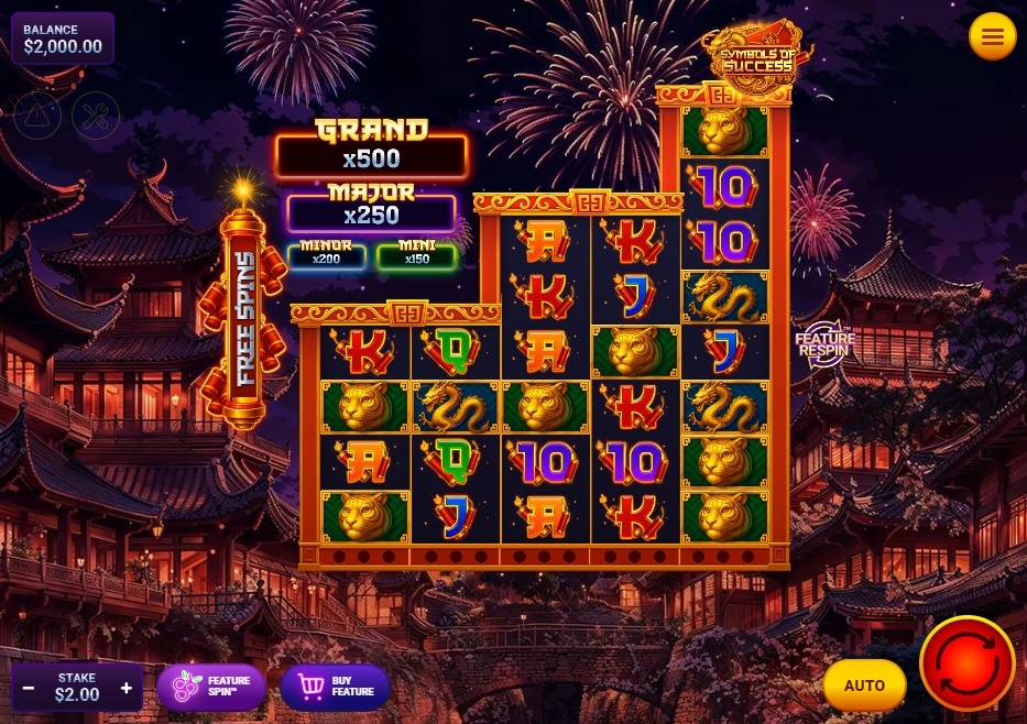 The main 3-4-5-5-4-3 game grid of the Symbols of Success slot, set against a festive nighttime city.