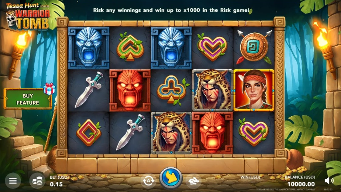 The 5x3 reel layout of the Tessa Hunt and the Warrior Tomb slot, showing the main character and warrior symbols in the jungle setting.