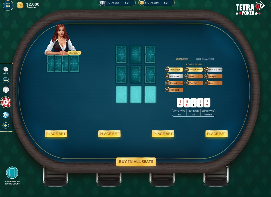 The main game table of the Tetra9 Poker demo, showing the empty 3x3 community card grid, the dealer, and player seats.
