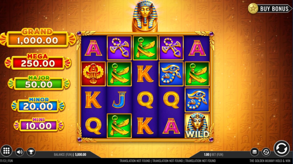 The base game screen of The Golden Mummy slot, showing the 5x4 reel layout and Egyptian-themed symbols.
