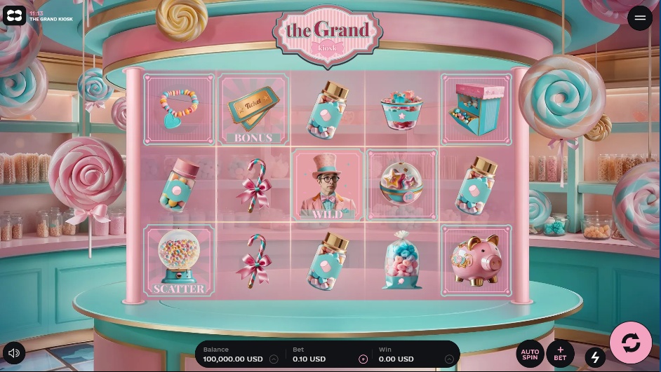 The base game screen of The Grand Kiosk slot, showing the 5x3 reel layout and candy-themed symbols.