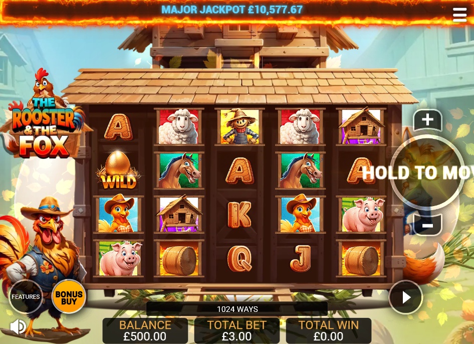 The main game screen of The Rooster & The Fox slot, showing the 5x4 reel layout and farm-themed symbols.