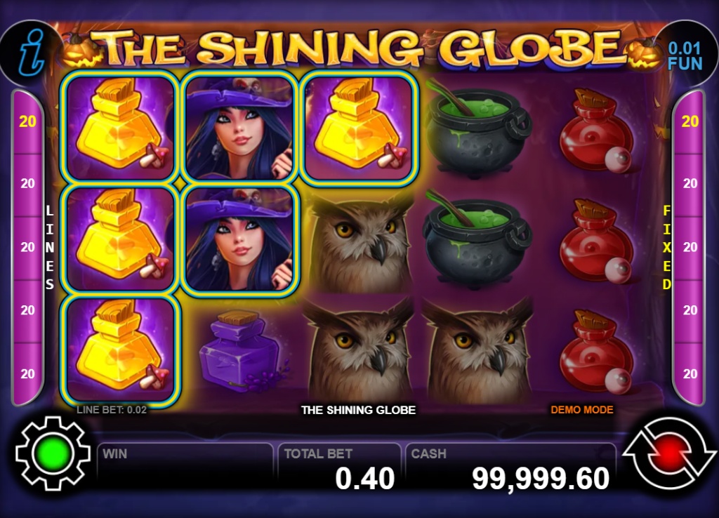 The Shining Globe slot base game view showing the 5x3 reel layout and magical theme.