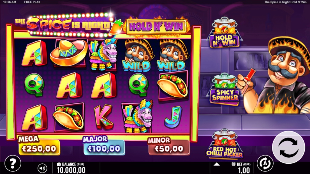 The Spice Is Right slot base game view with 5x3 reels and Chilli Pots.