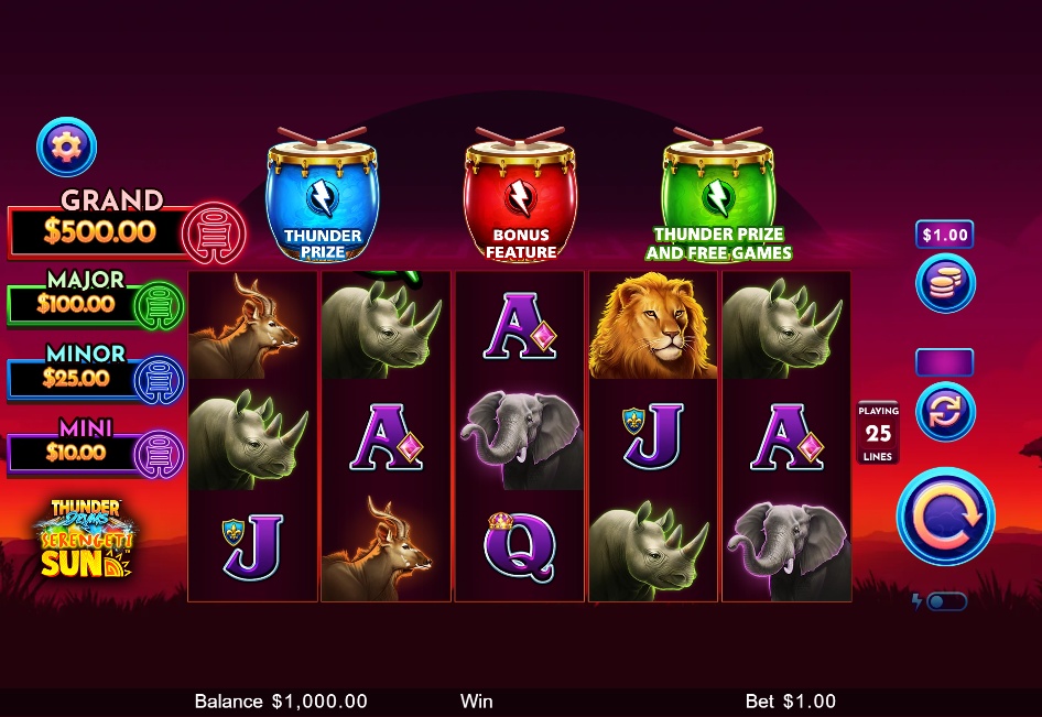 The main game screen of Thunder Drums Serengeti Sun slot, showcasing the 5x3 reel layout and African safari theme.