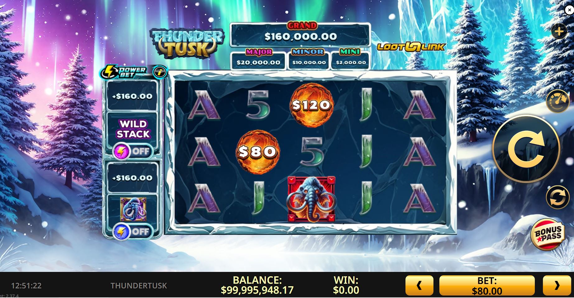 The base game grid of the Thunder Tusk slot, featuring prehistoric animal symbols against a snowy arctic backdrop.
