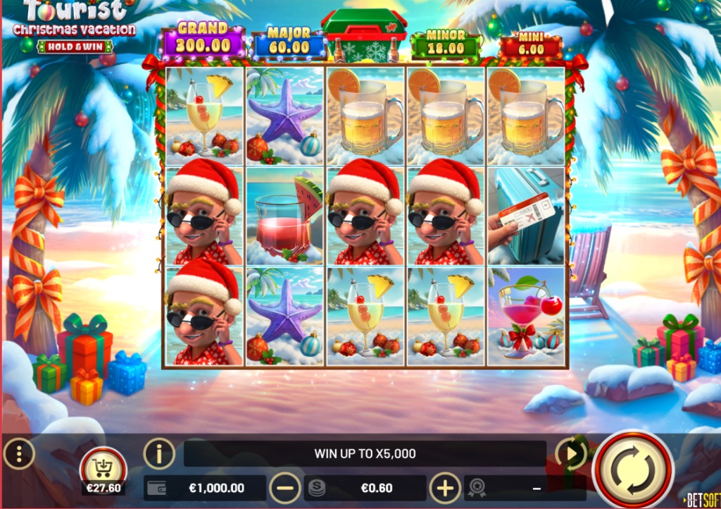 The main game screen of The Tipsy Tourist: Christmas Vacation slot, showing the 5x3 reel layout on a sunny beach background.