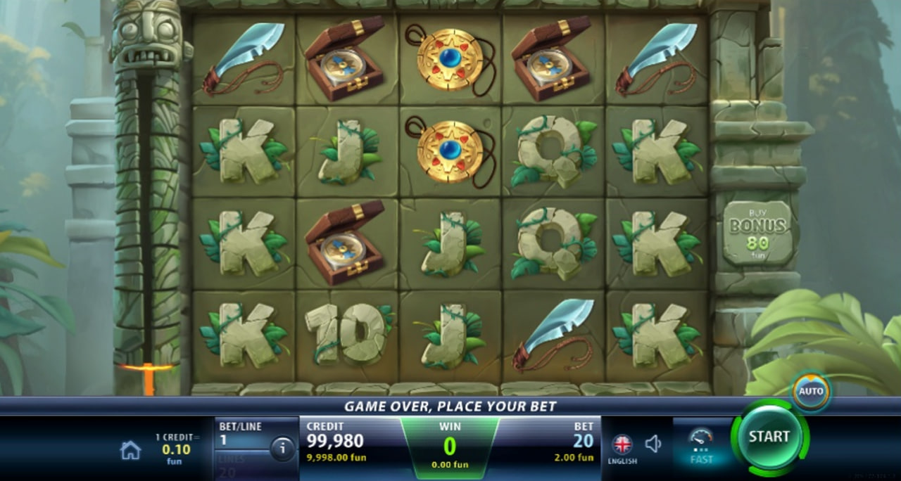 The base game layout of the Totem Flame slot, showing the 5x4 reel grid set within ancient jungle ruins.