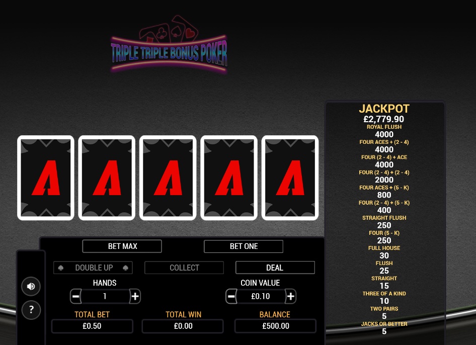The initial five-card deal in the Triple Triple Bonus Poker demo game, showing the player's starting hand.