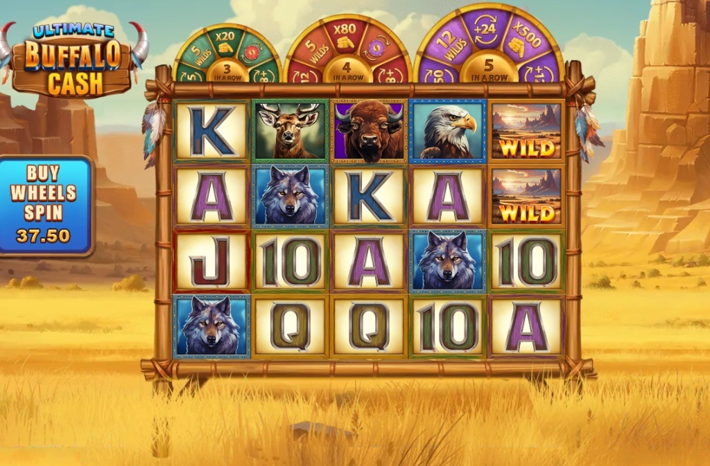 The base game interface of the Ultimate Buffalo Cash slot, displaying the 5x4 reel grid set against a prairie backdrop.