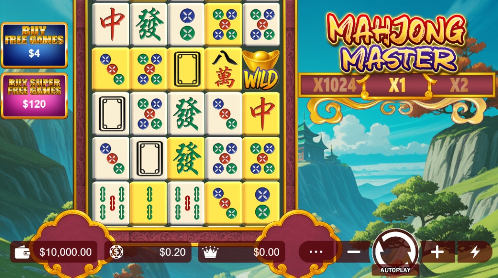 The 5x5 grid of the Mahjong Master slot base game, showing various Mahjong tile symbols and the multiplier meter on the side.