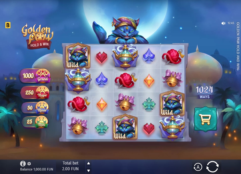 The main 5x4 game grid of the Golden Paw slot, showing the cat-themed symbols against an Arabian night background.