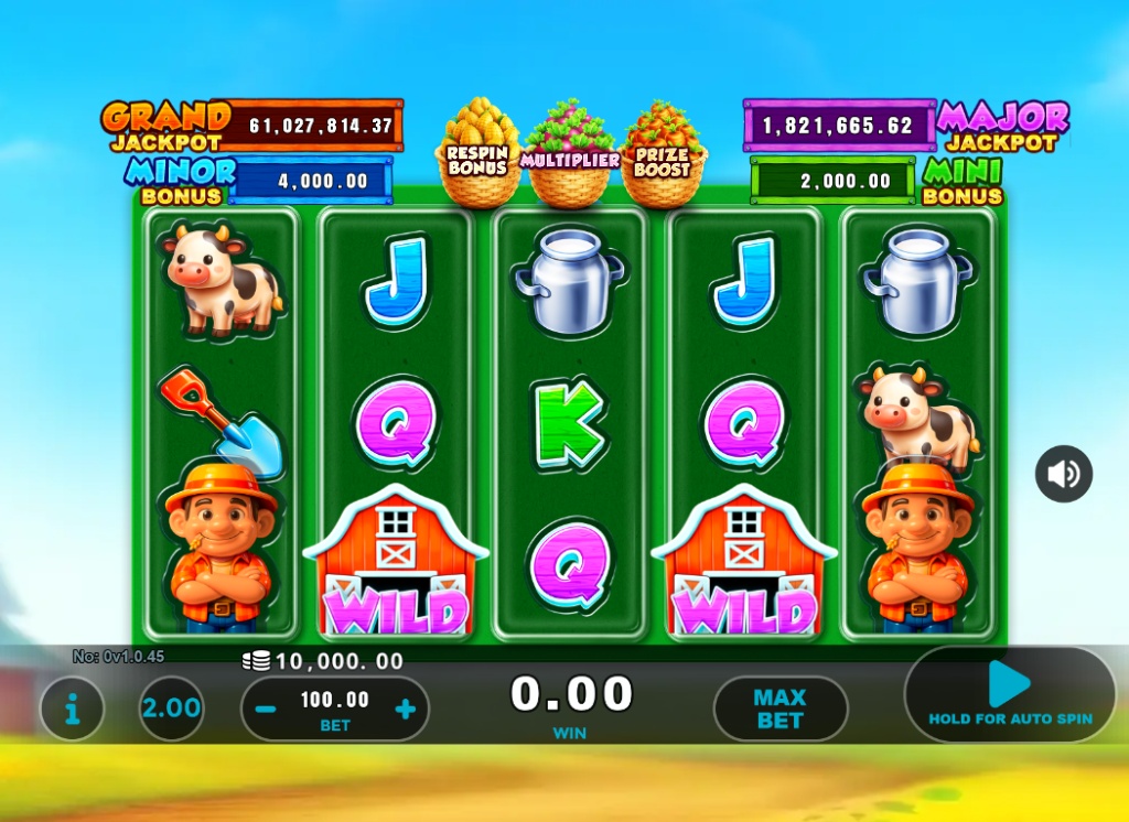 The main 5x3 reel layout of the Farm Yard Deluxe slot demo, showing the farm-themed symbols and jackpot values.
