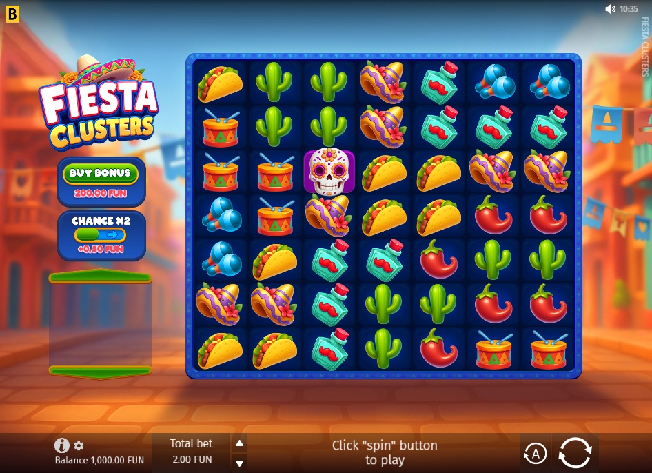 The main 7x7 game grid of the Fiesta Clusters slot, displaying the colorful Mexican-themed symbols and user interface.