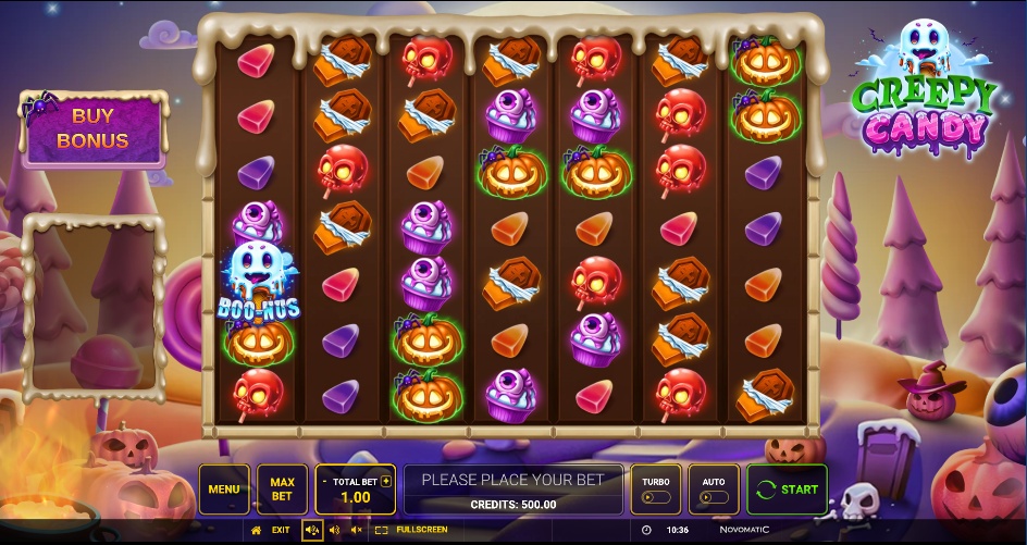 The 7x7 game grid of the Creepy Candy slot, showcasing the various candy symbols and spooky background.