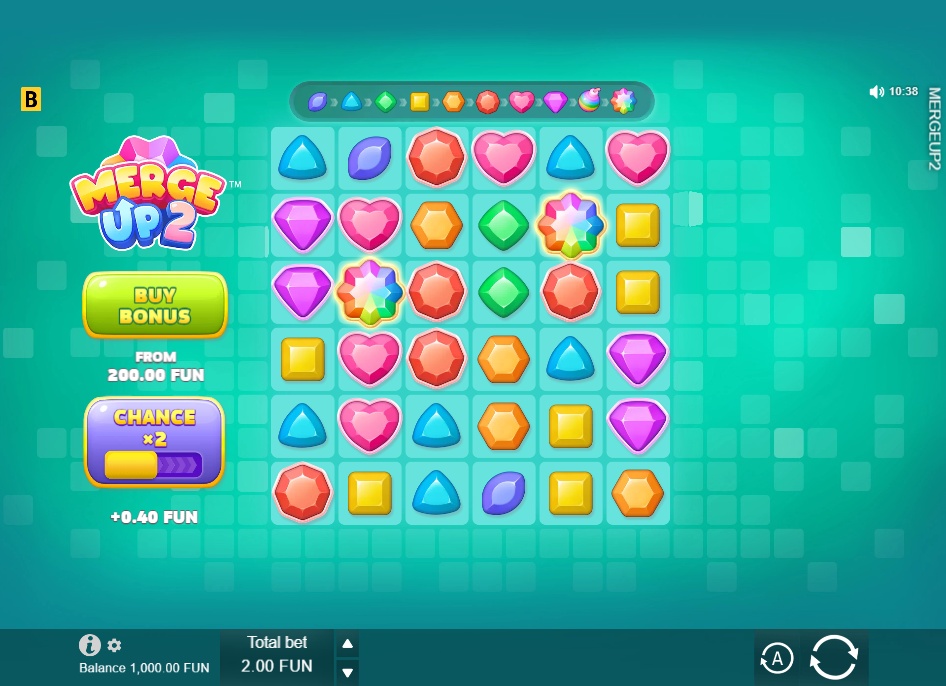 The 6x6 grid of the Merge Up 2 slot by BGaming, showing a variety of colorful gem symbols during base gameplay.