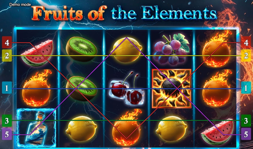 The main 5x3 game grid of the Fruits of the Elements slot, showing the elemental fruit symbols and stormy background.
